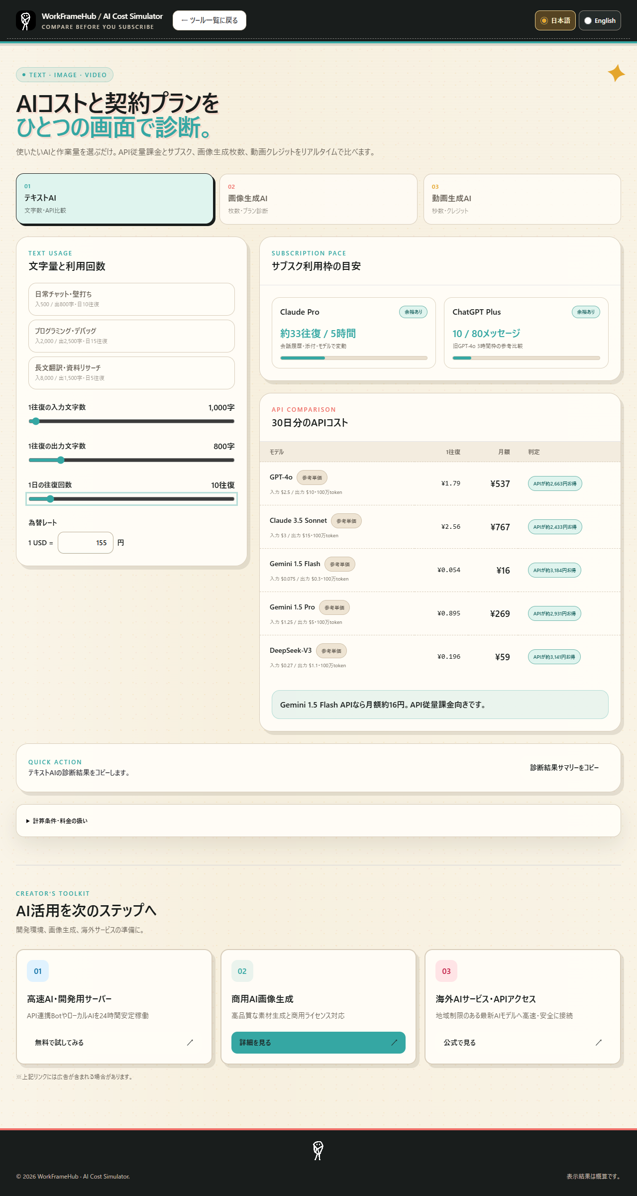 架空条件(入力1000文字・出力800文字・10往復)の試算画面。表示前提による概算で、請求額を保証しません。