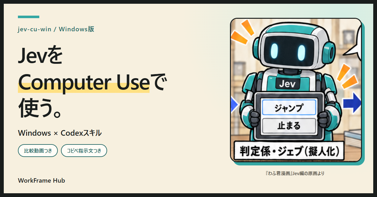 わふ君漫画に登場する青緑と白のJev。WindowsでComputer Useに使うCodexスキルを紹介