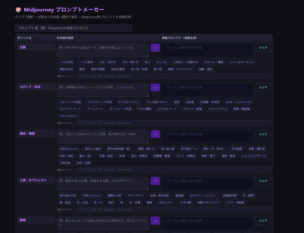 Midjourneyプロンプトメーカー